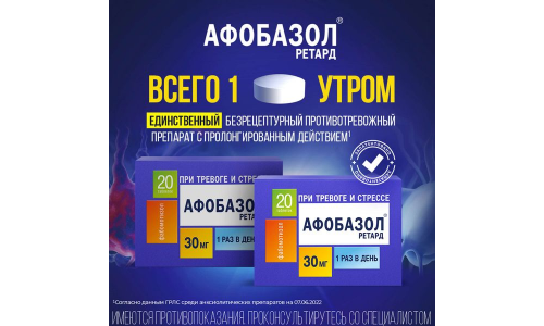 Афобазол Ретард, таблетки ппо с пролонг высвоб 30мг №20 фото 2