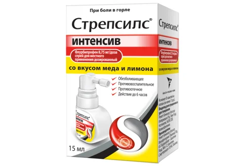 Стрепсилс интенсив, спрей 8,75мг/доза 15мл мед/лимон