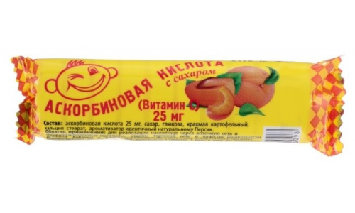 Аскорбиновая кислота с Сахаром, таблетки 25мг крутка №10 персик