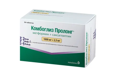 Комбоглиз Пролонг, таблетки ппо с модиф высвоб 1000мг+2,5мг №56